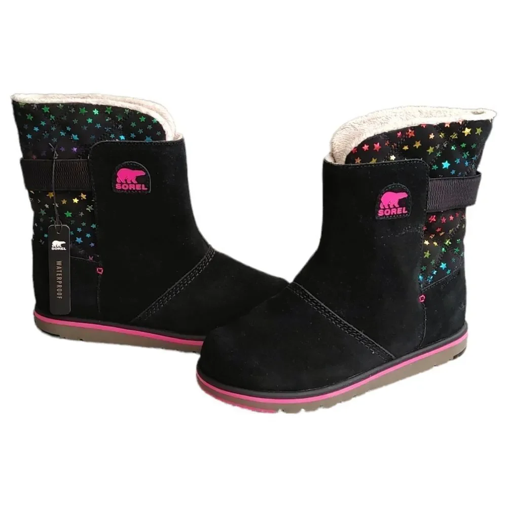 New Sorel Rylee Black Rainbow Stars Boots Youth 7